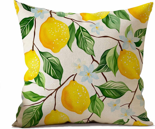 Yellow Lemon and Flower Linen Throw Pillow Covers 16x16 Inches Refreshing Visual Decorative Cushion Lovers of Fresh Designs, Living Room and Bedroom