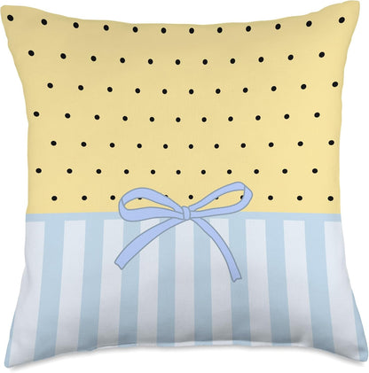 Black Polka Dot Butter Yellow Cute Coquette Bow Blue Striped Throw Pillow