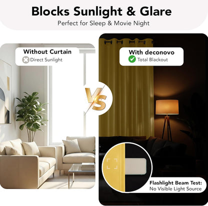 Deconovo 100% Blackout Curtains, Thermal Insulated Window Drapes, Noise Reducing Panels, Black Liner Grommet Drapes, Bedroom Nursery Home Office, Yellow, 52W x 84L, 2 Panels