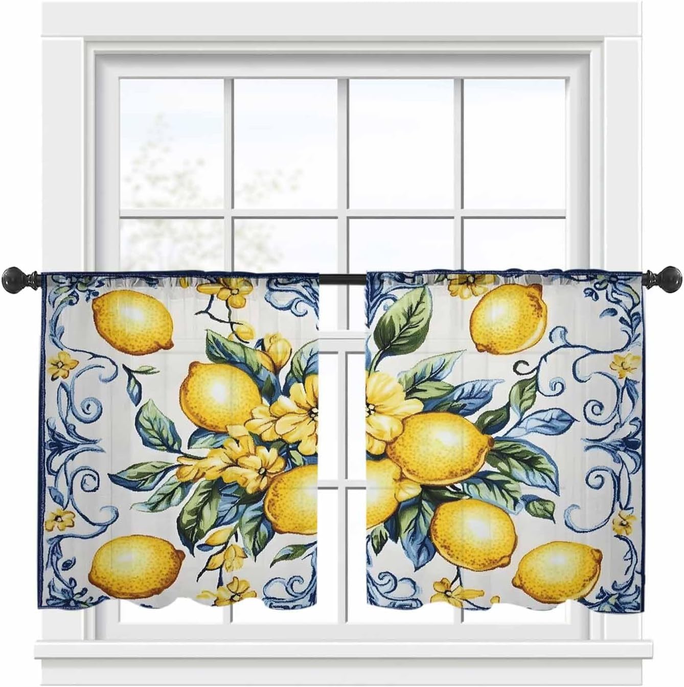 Yellow Lemon Semi Sheer Curtains 45 inch Length 2 Panels Set Middle Century Blue Italian Textured Kitchen Curtains Rod Pocket Sheer Drapes for Bedroom Living Room, Voile Window Treatment