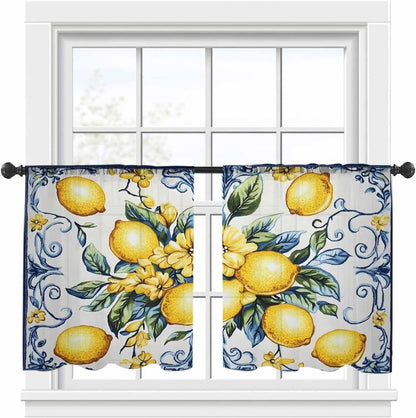 Yellow Lemon Semi Sheer Curtains 45 inch Length 2 Panels Set Middle Century Blue Italian Textured Kitchen Curtains Rod Pocket Sheer Drapes for Bedroom Living Room, Voile Window Treatment