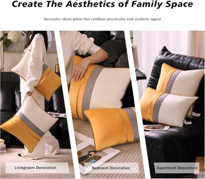 Avigers 12 x 20 Inches Yellow White Gold Leather Striped Patchwork Velvet Cushion Case Luxury Modern Throw Pillow Cover Decorative Pillow for Couch Living Room Bedroom Car