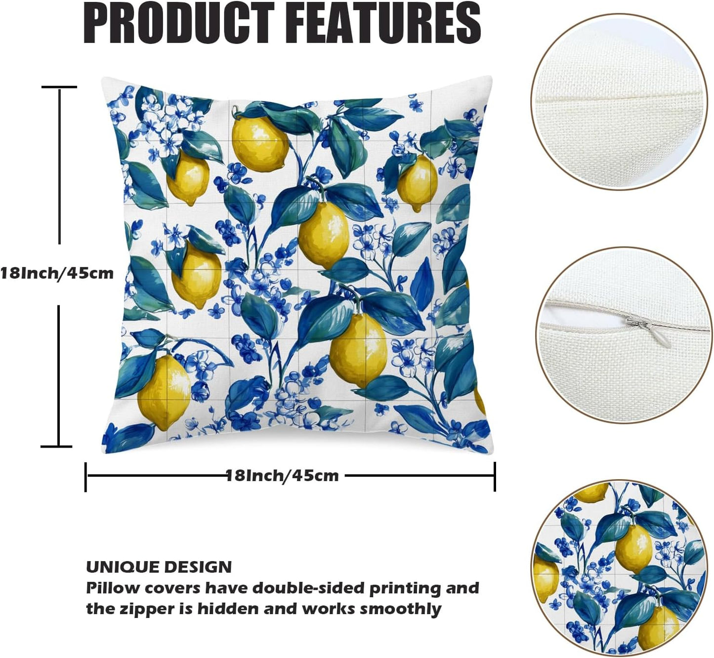 Blue Lemon Pillow Covers 18x18 Set of 2, Mediterranean Italian Lemon Floral Tile Decorative Throw Pillow Covers, Double-Sided Cushion Covers for Couch Sofa Farmhouse Spring Summer Kitchen Home Decor