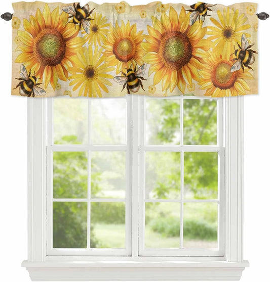 Spring Flower Valances for Windows, Watercolor Country Yellow Daisy Sunflower Floral Bee Linen Texture Kitchen Valance Light Filtering Rod Pocket Short Curtains for Kitchen Bathroom, 1 Panel , 56"x16"