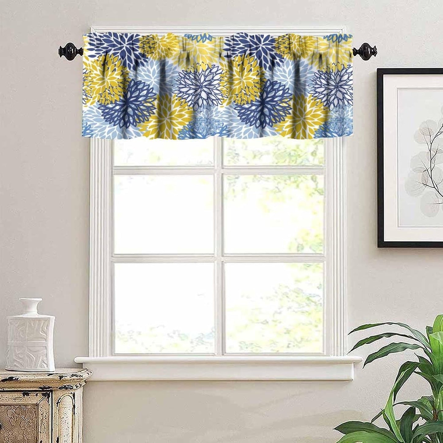 YCness Blue Yellow Floral Curtain Valances for Kitchen Window, Boho Dahlia Flowers Rod Pocket Valance Windows Treatments Farmhouse Short Toppers Curtains 54x18 Inch 1 Panel
