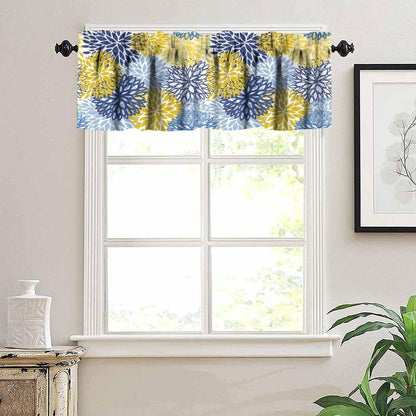 YCness Blue Yellow Floral Curtain Valances for Kitchen Window, Boho Dahlia Flowers Rod Pocket Valance Windows Treatments Farmhouse Short Toppers Curtains 54x18 Inch 1 Panel