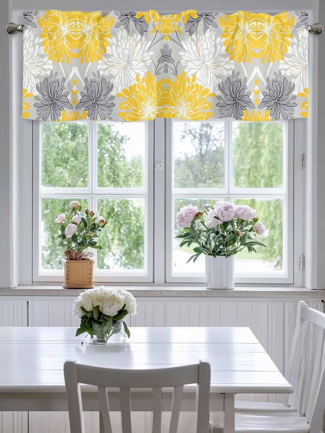 Savannan Window Valance Curtain, Abstract Flowers on Gray Rod Pocket Short Curtain Valances for Kitchen Bedroom Living Room Cafe 1 Panel 42x18in Watercolor Yellow White Flowers