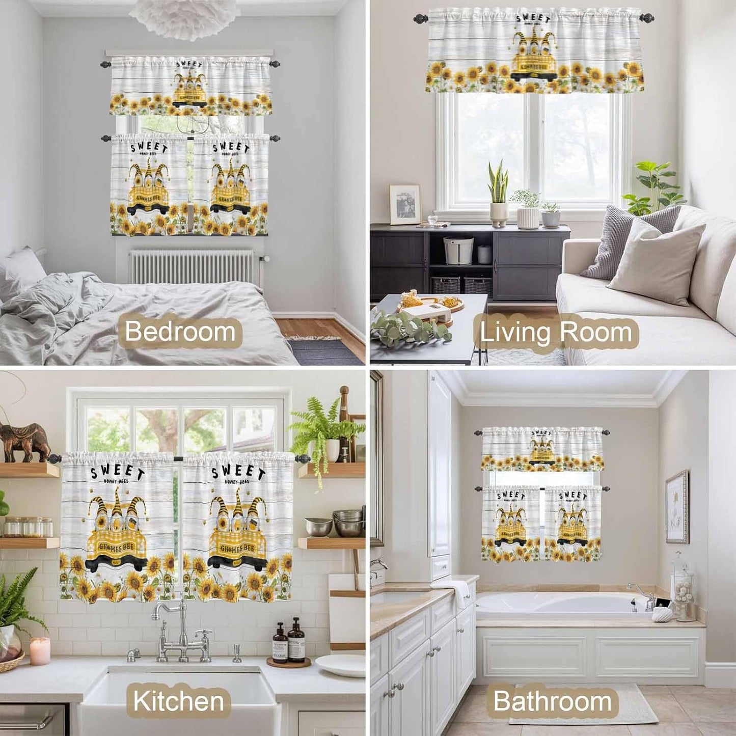 Gnomes Sunflowers Kitchen Curtains Set, Tier Curtain 36 Inches Length, Country Yellow Floral Bees Farmhouse Wooden Window Treatment Valance and Tiers Set Decor for Living Room/Bedroom
