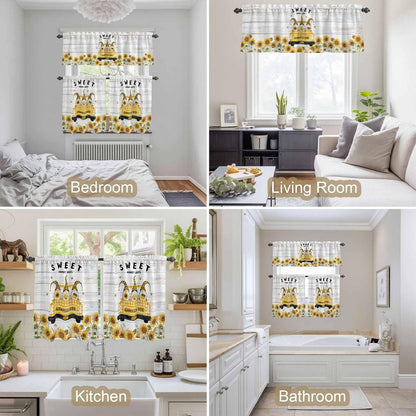 Gnomes Sunflowers Kitchen Curtains Set, Tier Curtain 36 Inches Length, Country Yellow Floral Bees Farmhouse Wooden Window Treatment Valance and Tiers Set Decor for Living Room/Bedroom