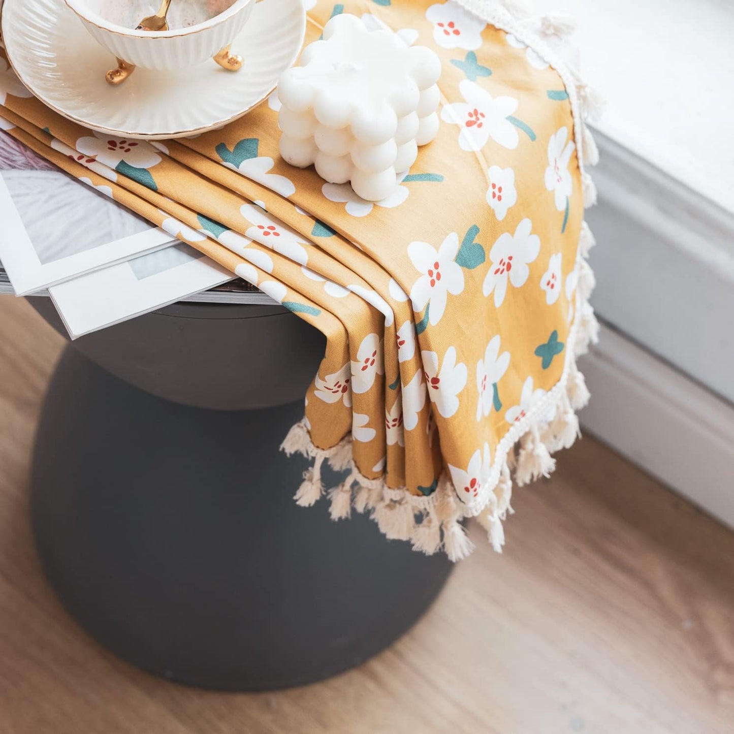 Deeprove Boho Curtain 84 Inch Length, Farmhouse Yellow Florals Print, Cotton Linen Tassels Rod Pocket Semi Blackout Rustic Bohemian Country Window Treatment for Nursery Bedroom 1 Panel, 55''W x 84''L