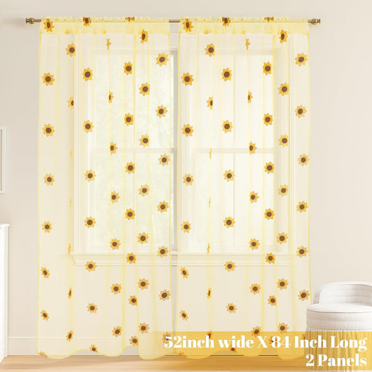 Tegeme 2 Panels Yellow Sunflower Sheer Curtains for Girl Boy Bedroom 84 Inches Long Embroidered Voile Curtains Decorative Coquettish Sheer Shades Linen Semi Window Decor for Summer Home Party Office