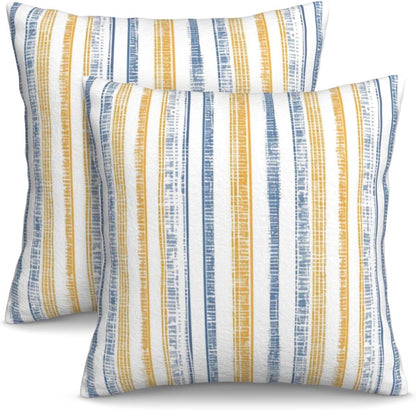 KiuLoam Boho Blue Yellow Striped Throw Pillow Covers 18 x 18 Set of 2, Summer Stripe Decorative Pillow Cases Square Cushion Covers for Bedroom Couch Bed Living Room Decor