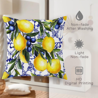 Lemon and Blueberry Throw Pillow Covers Set of 2, Bright Yellow and Blue Floral Cushions, Summer Decorative Square Farmhouse Decor for Home Couch Sofa Bed 16x16 Inch