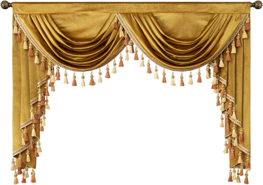 VOGOL Yellow Waterfall Valances for Farmhouse, Light Reducing Velvet Swag Valance with Tassels for Guest Room, Vintage Style Rod Pocket Drapes for Living Room, 59 Inches Wide, Gold