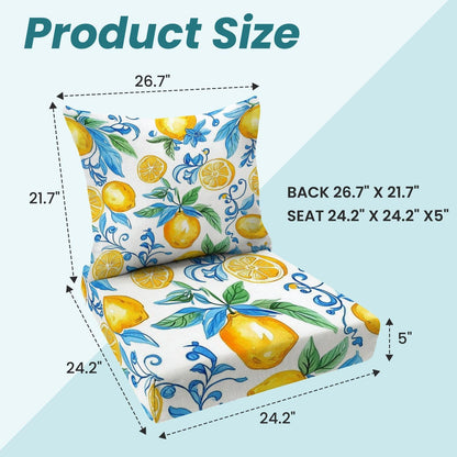 Outdoor Deep Seat Cushion Set Mediterranean Seamless Pattern Blue Majolica Tiles Yellow Lemons 24 x 24 Inch Fade Resistant Patio Furniture Cushions with Removable Cover for Chaise Lounge
