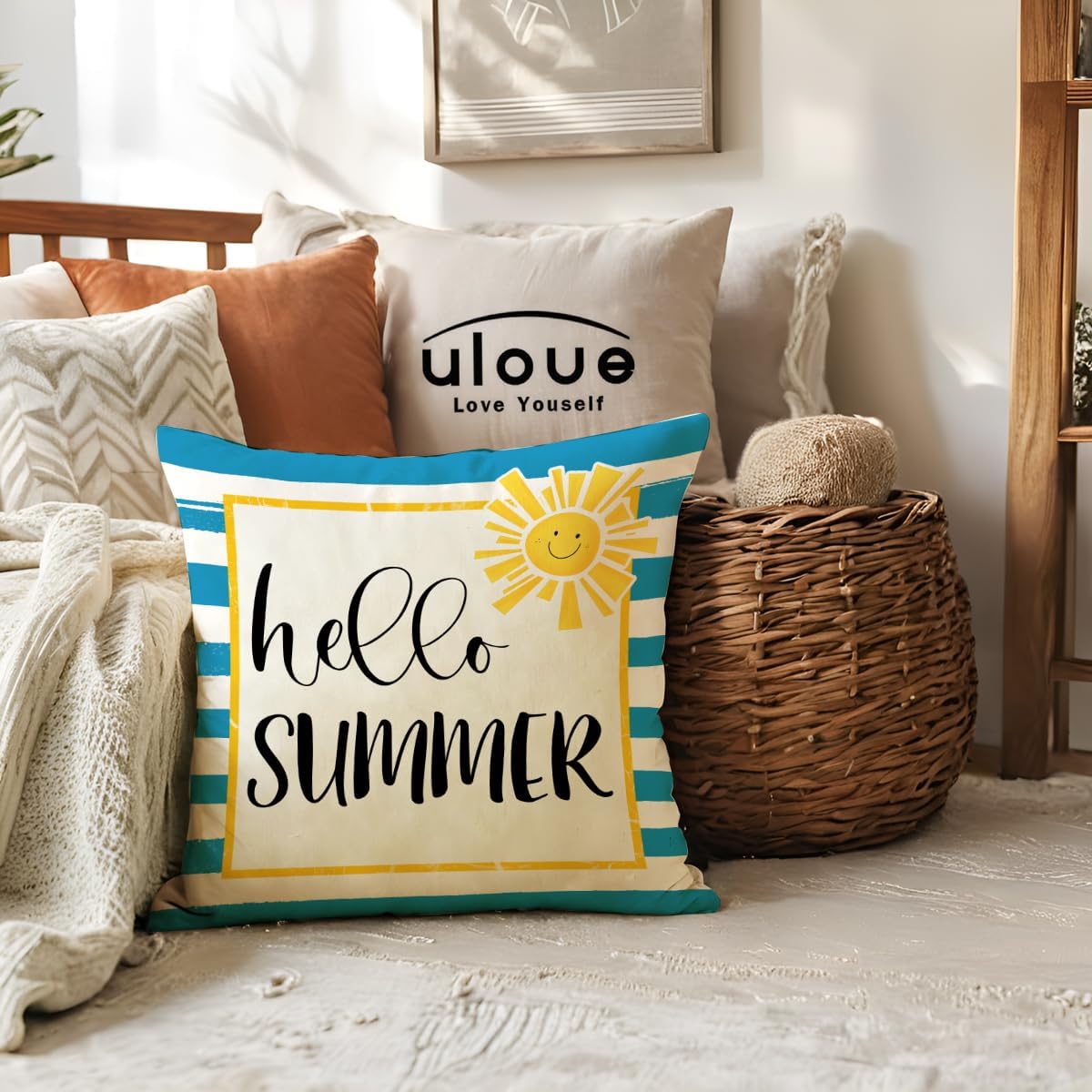 ULOVE LOVE YOURSELF Hello Summer Decorative Pillow Cover Blue Stripes with Sunshine Design Cushion Cover 18×18 Farmhouse Summer Holiday Seasonal Decorations for Sofa Couch Porch (Blue/Yellow)