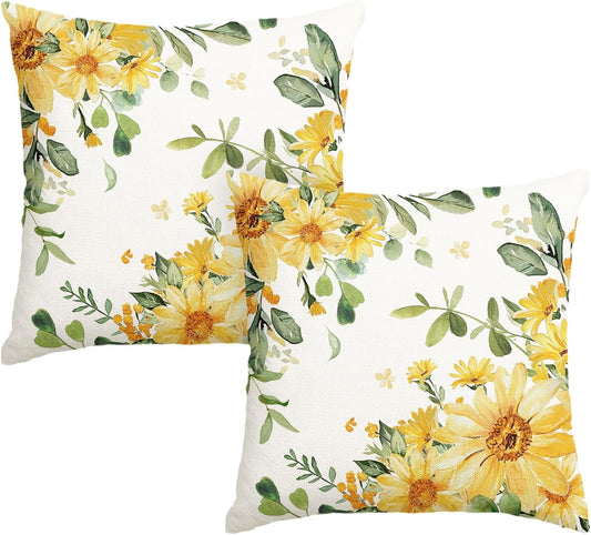 AVOIN colorlife Eucalyptus Leaves Yellow Flowers Throw Pillow Cover Set of 2, 18 x 18 Inch Seasonal Spring Summer Floral Cushion Case Decoration for Home Sofa Couch