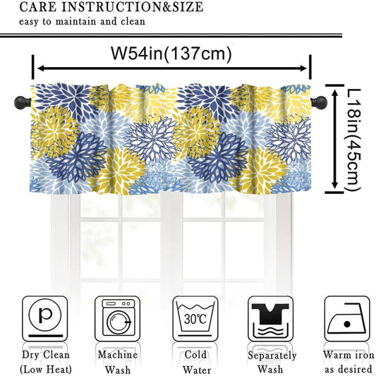 YCness Blue Yellow Floral Curtain Valances for Kitchen Window, Boho Dahlia Flowers Rod Pocket Valance Windows Treatments Farmhouse Short Toppers Curtains 54x18 Inch 1 Panel