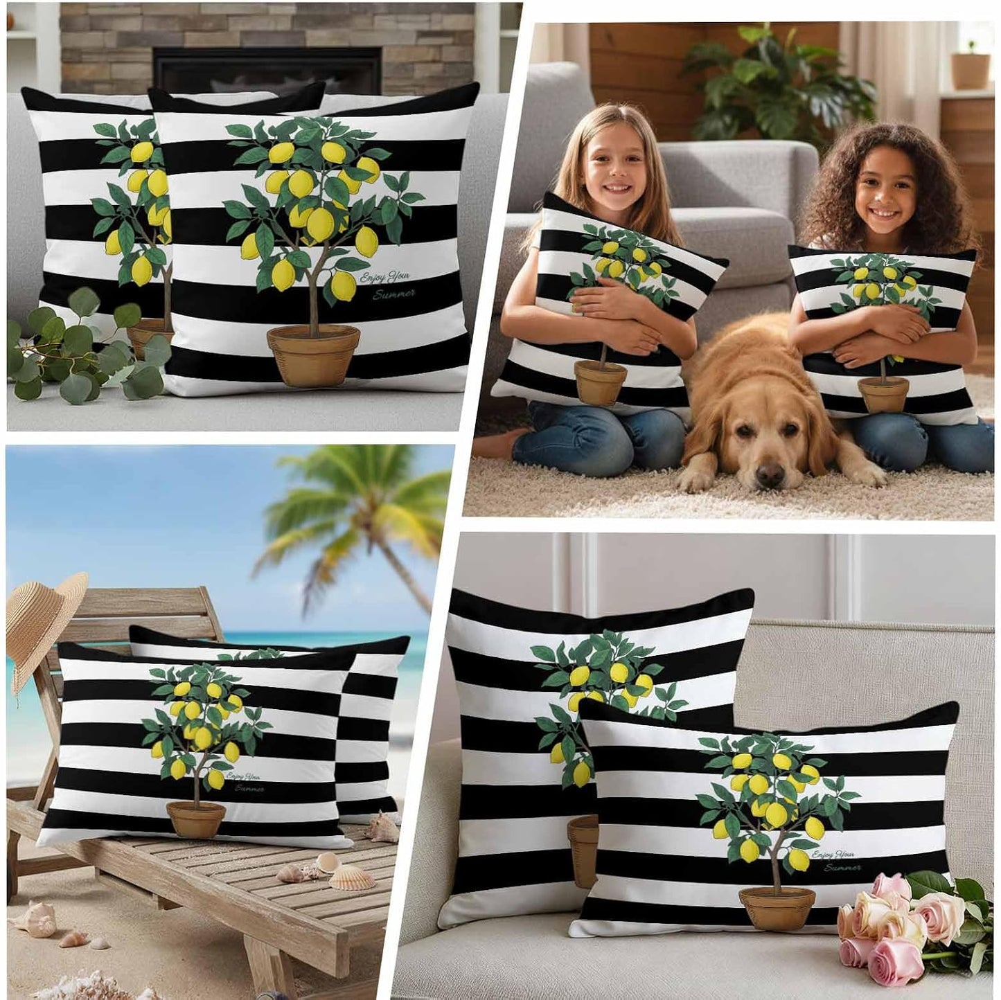 Summer Lemons Outdoor Waterproof Pillow Covers Set of 2, Yellow Fruit Leaf Black White Striped Abstract Pillowcase Decorative Throw Cushion Cases for Patio Garden Couch 18 x 18 Inches