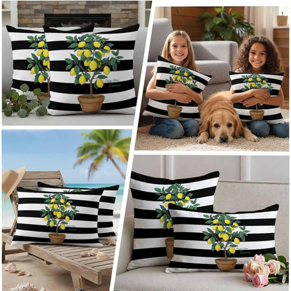 Summer Lemons Outdoor Waterproof Pillow Covers Set of 2, Yellow Fruit Leaf Black White Striped Abstract Pillowcase Decorative Throw Cushion Cases for Patio Garden Couch 18 x 18 Inches