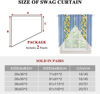 Blue Stripes Lemon Swag Curtains 36 Inch Length 2 Panels Set,Spring Fruit Flowers Leaves Line Semi-Sheer Curtain Drapes Rod Pocket Valance For Kitchen,Living Room,Bedroom,Bathroom Window 56"Wx36"L