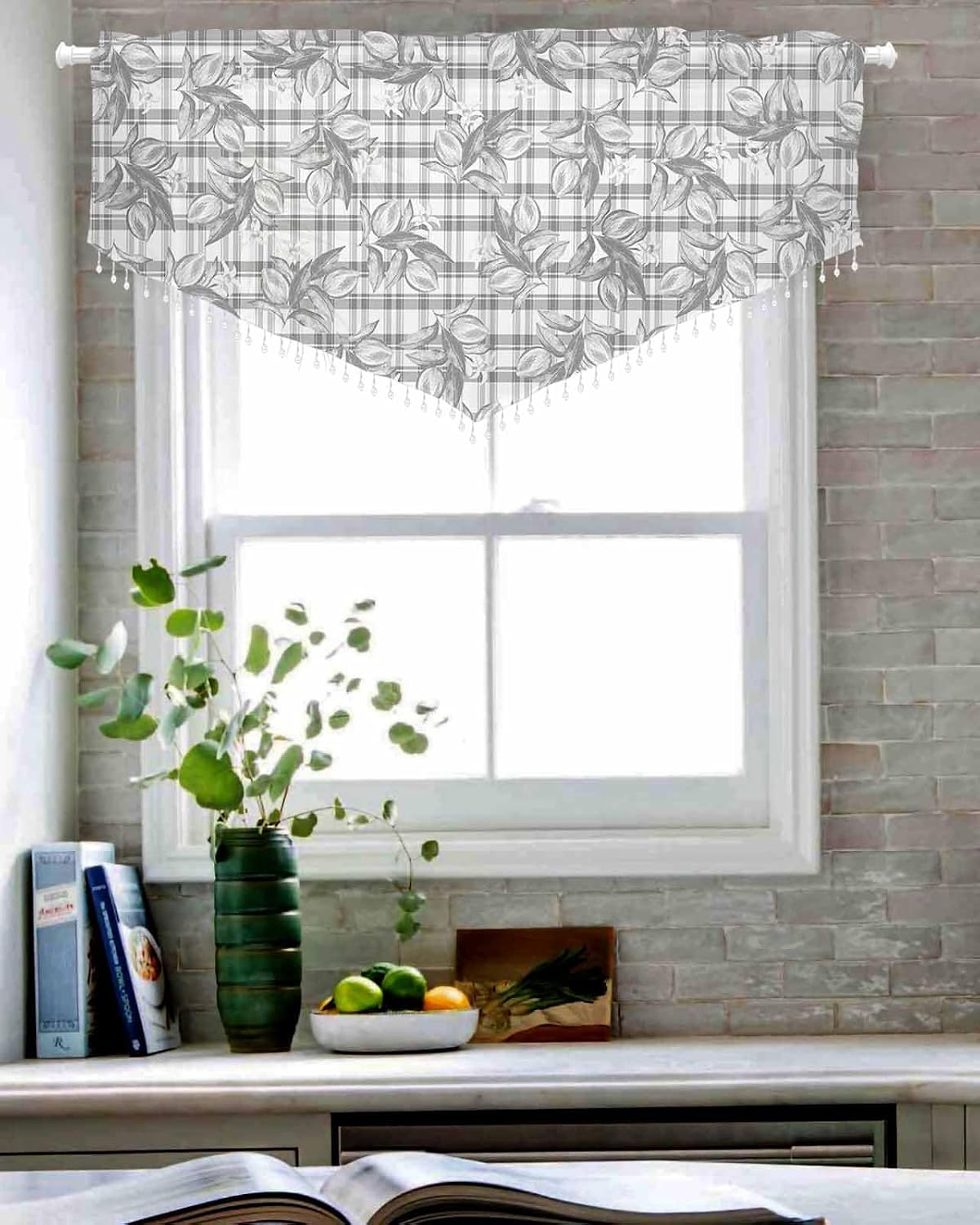 Daleng Beaded Sheer Valances for Windows Hand Painted Summer Lemon Flowers Grey Plaid Rod Pocket Triangle Valance Curtains 1 Pieces Tassels Voile Swag Curtains for Living Room Bedroom, 52x18 Inch
