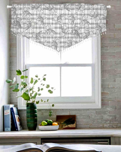 Daleng Beaded Sheer Valances for Windows Hand Painted Summer Lemon Flowers Grey Plaid Rod Pocket Triangle Valance Curtains 1 Pieces Tassels Voile Swag Curtains for Living Room Bedroom, 52x18 Inch