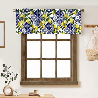 Blue Tiles Lemon Valance Curtain Summer Fruit Chic Rod Pocket Valance Window Treatments Short Curtains for Kitchen Farmhouse Living Room Bathroom Decor 54x18inch
