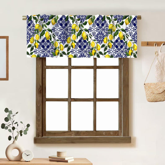 Blue Tiles Lemon Valance Curtain Summer Fruit Chic Rod Pocket Valance Window Treatments Short Curtains for Kitchen Farmhouse Living Room Bathroom Decor 54x18inch