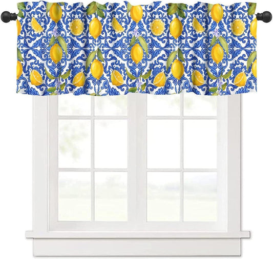 Italy Blue Tile Lemon Window Valance Curtains, Italian Navy Blue Burlap Watercolor Lemon Summer Fruit Window Valances for Farmhouse Kitchen Living Dinning Room Café Décor 54x18inch