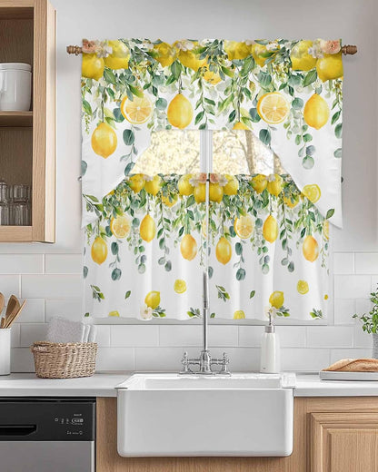 Yellow Lemon Kitchen Curtains Sets for Windows 3 Piece, Summer Fruit Kitchen Curtains and Valances Tier Set 24 Inch Length Green Eucalyptus Leaf Flower Swag Curtain for Living Room Cafe Bath Bedroom