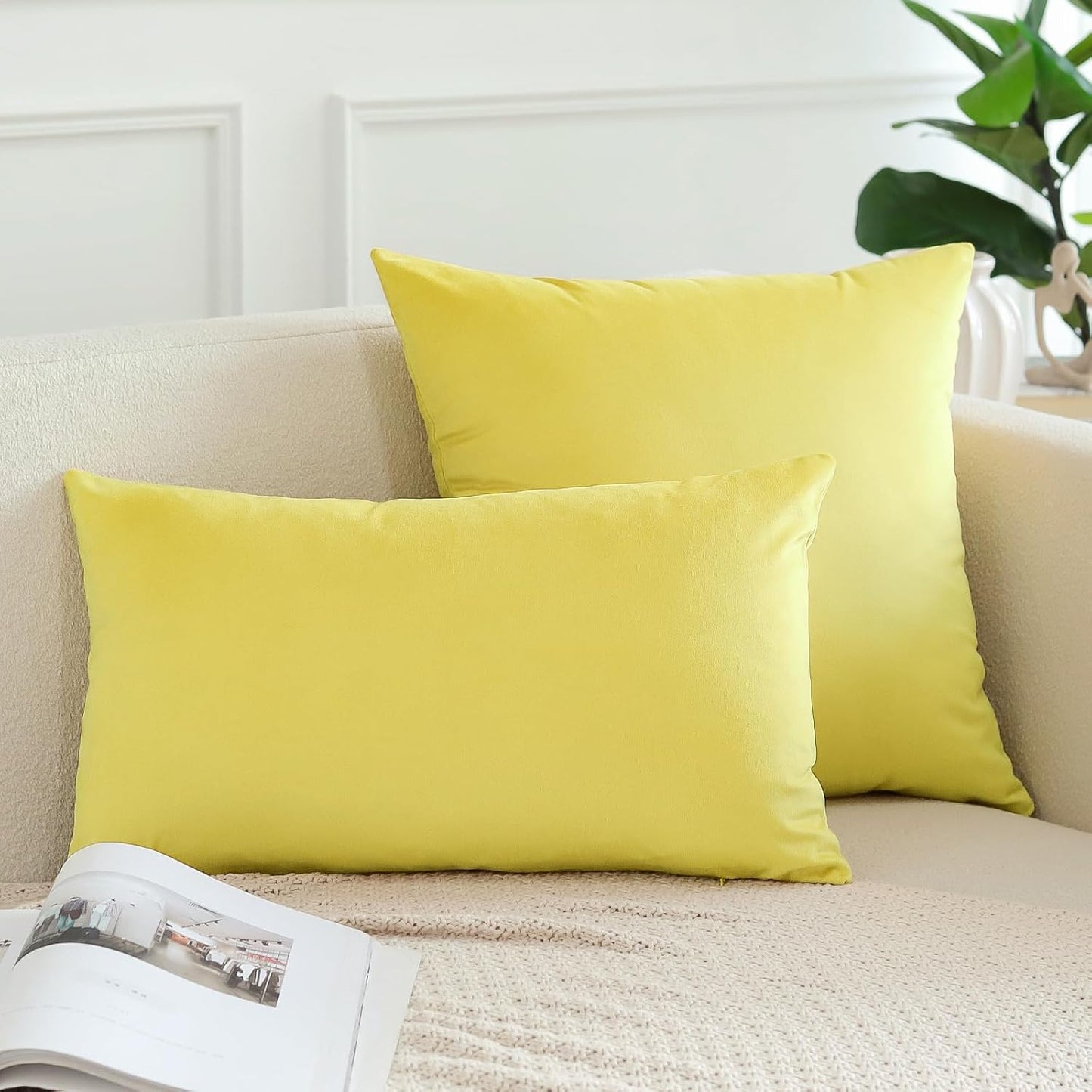 OTOSTAR Pack of 2 Velvet Soft Decorative Throw Pillow Covers 18 x 18 Inch Solid Square Cushion Case Couch Home Decor Pillow Covers for Sofa Bedroom Living Room (Lemon Yellow)