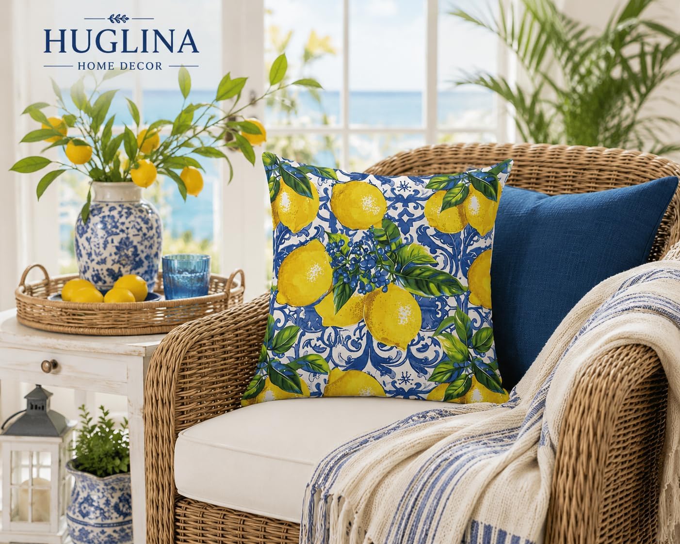 Lemon Throw Pillow, 18x18 Inch Decorative Pillow with Insert Included, Blue White Mediterranean Accent Pillow, Italian Coastal Farmhouse Home Decor Cushion for Sofa Couch Bed (LS-005)