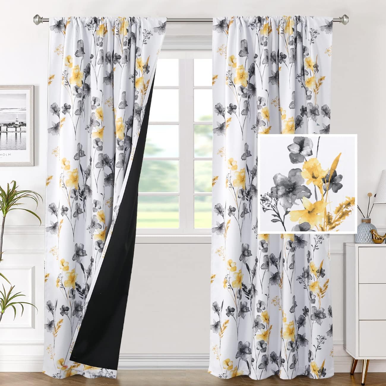 H.VERSAILTEX 100% Blackout Curtains for Bedroom Cattleya Floral Printed Drapes 84 Inches Long Leah Floral Pattern Full Light Blocking Drapes with Black Liner Rod Pocket 2 Panels, Grey/Yellow