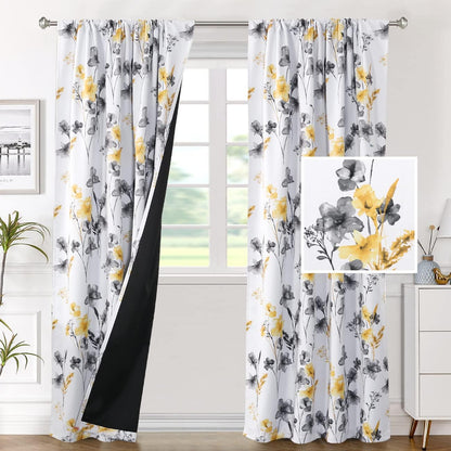 H.VERSAILTEX 100% Blackout Curtains for Bedroom Cattleya Floral Printed Drapes 84 Inches Long Leah Floral Pattern Full Light Blocking Drapes with Black Liner Rod Pocket 2 Panels, Grey/Yellow