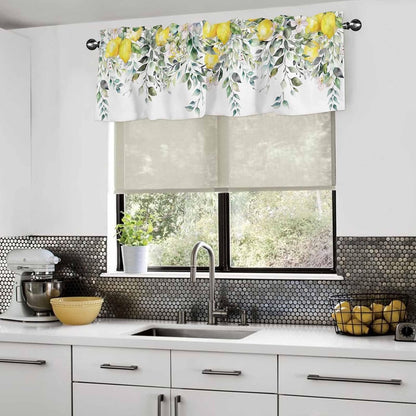 2 Pack Yellow Lemon Kitchen Valances for Windows, Nature Eucalyptus Leaves Short Valance Curtains Rod Pocket Window Treatments Watercolor Flowers Valances for Living Room Bedroom 42x12 Inch, 2 Panels
