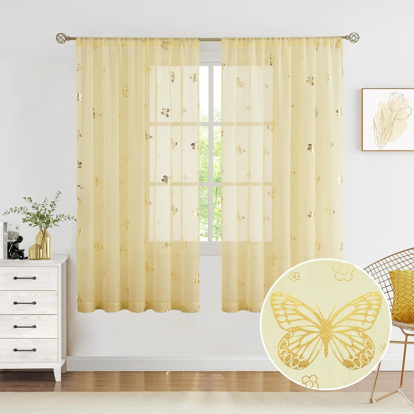 Jubilantex Yellow Butterfly Sheer Curtain Panels for Kids Nursery Bedroom, Baby Girls Toddler Gold Print Linen Textured Rod Pocket Voile Drapes 63 Inch Long for Living Room,2 Panels