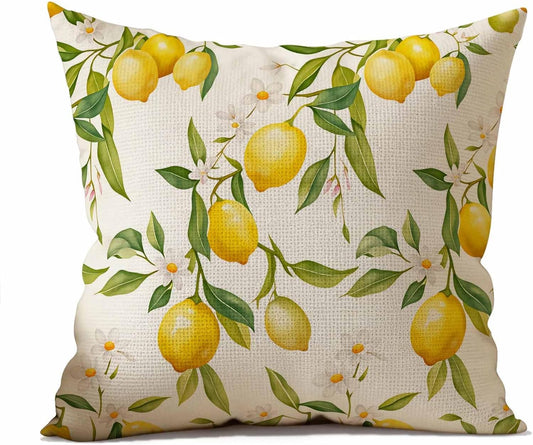 Lemon Cotton Linen Throw Pillow Covers Citrus Fresh Decorative Cushion Cases for Couch, Bed, Sofa & Car 18x18 Inch Yellow