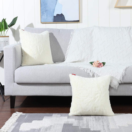 MANDIOO Pack of 2 Cream Yellow Faux Fur Fuzzy Cozy Soft Decorative Throw Pillow Covers Set Cushion Cases Pillowcases for Sofa Bedroom Car 18x18 Inches