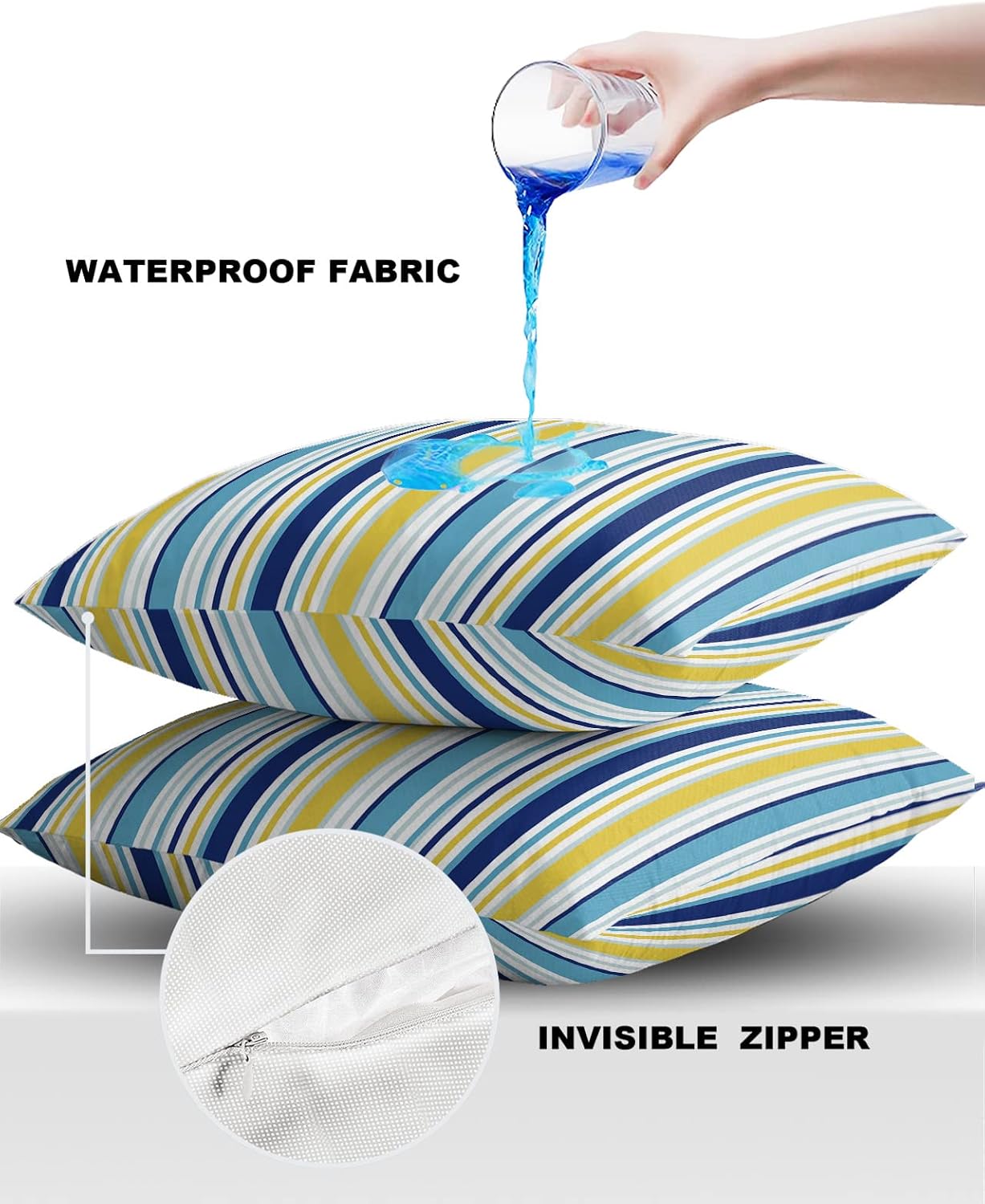 Blue Yellow Striped Outdoor Waterproof Pillow Covers, Farmhouse Navy Blue Ombre Stripes Decorative Square Throw Pillowcase Sofa Cushion Sham for Patio/Couch/Chair, 18"x18" 2 Pack