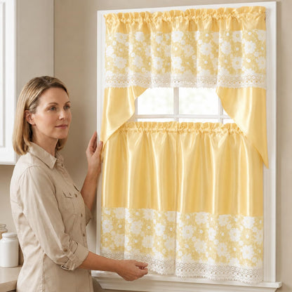 American Linen 3-Piece Floral Daisy Embroidered Curtain Set (Yellow) | 3-piece curtain set with matching valance and tiers. Floral embroidery, sequin accents, semi-sheer light-filtering fabric.