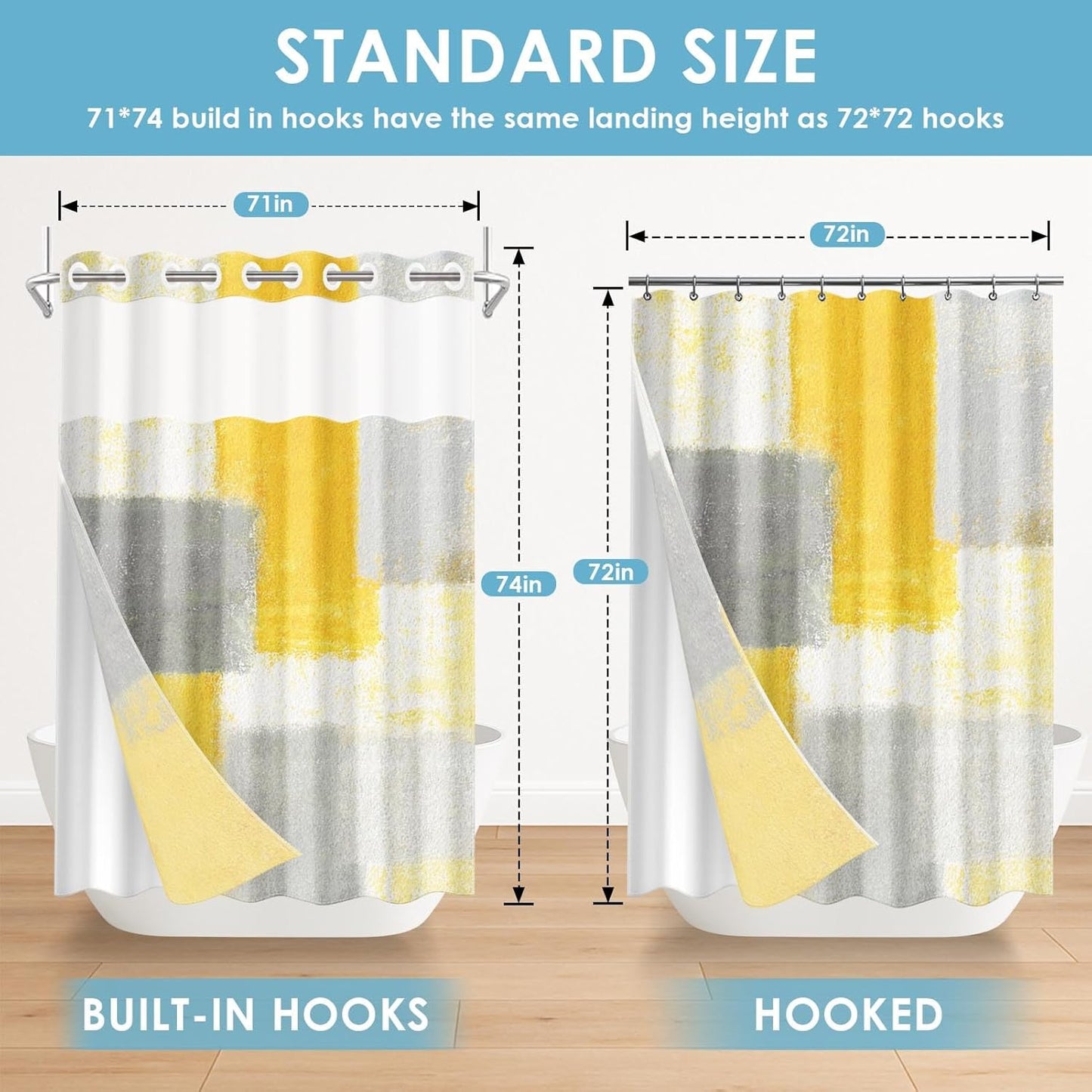 No Hook Abstract Yellow Grey Shower Curtain with Snap in Fabric Liner Set, Contemporary Modern Double Layers Waterproof Fabric with See Through Top Window Open Grommet Bath Curtain 71x74 Inch