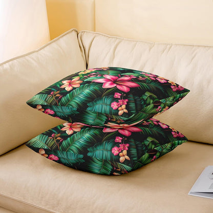 Manfei Tropical Double Sides Print Pillow Covers,Hawaiian Plumeria Flowers Watercolor Throw Pillow Case Covers,Jungle Botanical Palm Leaves Green 20"x 20" Cushion Covers,Pack of 2