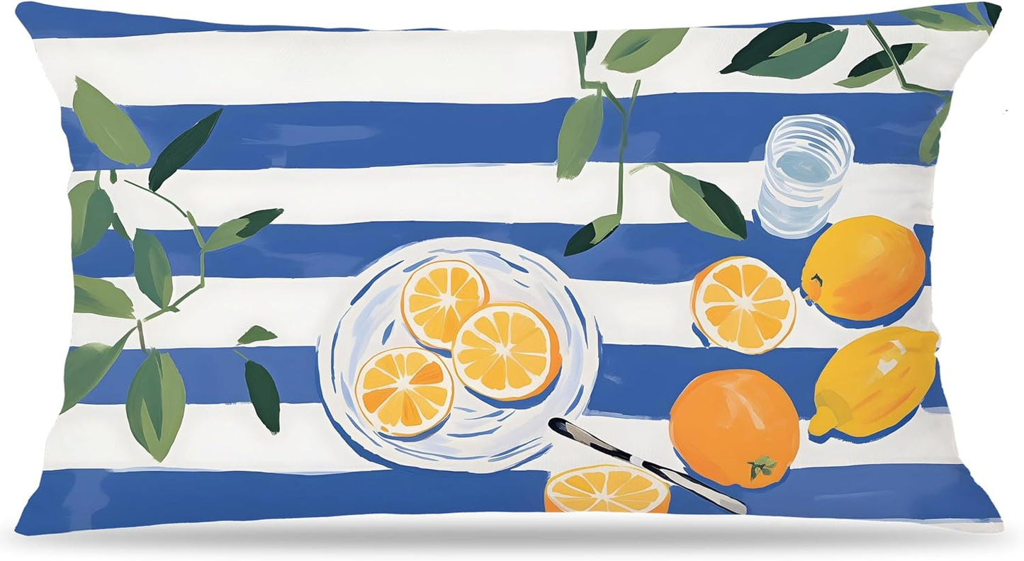 Summer Lemon Pillow Cover 12x20 Double-Sided, Lemon Home Decor, Trendy Blue and White Striped Yellow Fruit Decorative Lumber Throw Pillow Cover for Home Bedroom Living Room