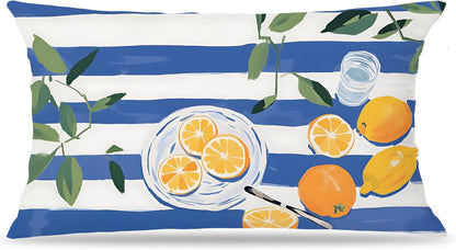 Summer Lemon Pillow Cover 12x20 Double-Sided, Lemon Home Decor, Trendy Blue and White Striped Yellow Fruit Decorative Lumber Throw Pillow Cover for Home Bedroom Living Room
