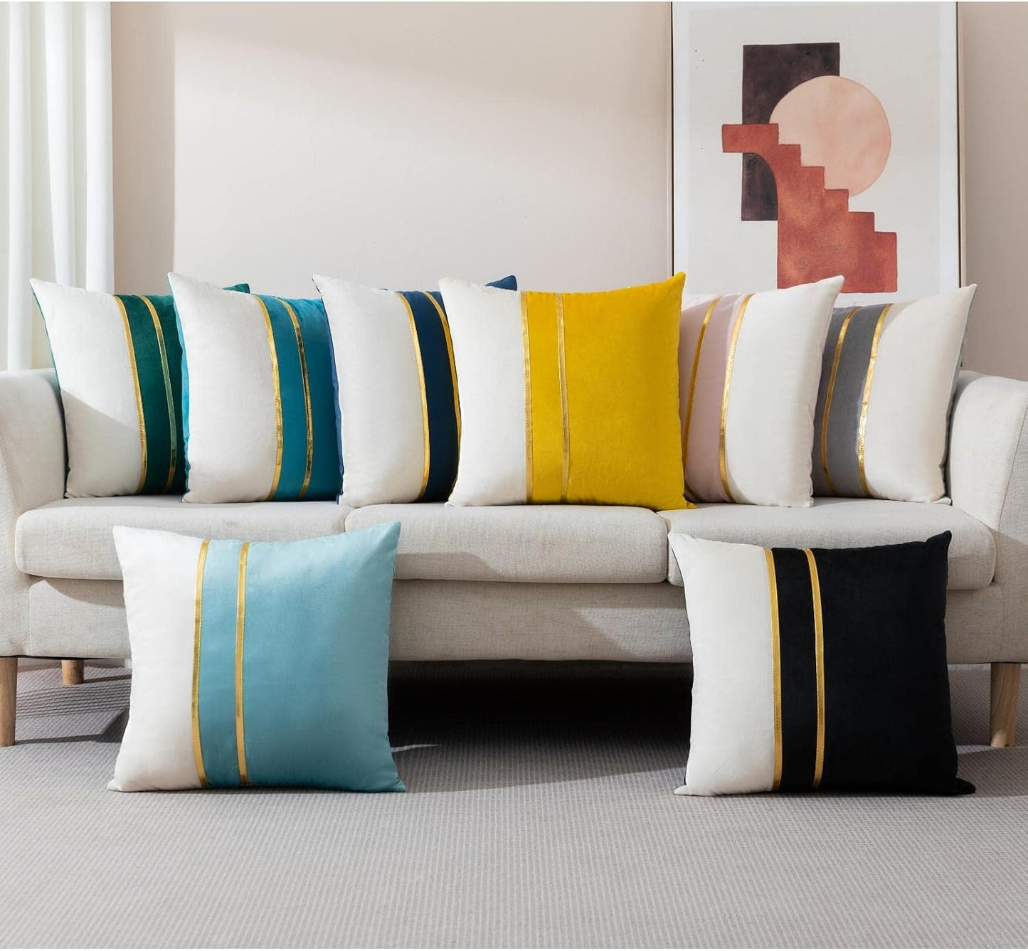 ZLINA Set of 2 Velvet Decorative Throw Pillow Covers Yellow White Patchwork with Gold Leather Pillow Covers 16 × 16 Inch Cushion Covers Decor Living Room Sofa Bedroom Car