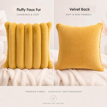 Faux Fur Throw Pillow Covers 20x20 Inch Yellow, Pack of 2 | Soft Stripe Quilted Plush Cushion Cases with Invisible Zipper for Couch Living Room Sofa Bedroom Decor & Farmhouse Aesthetic