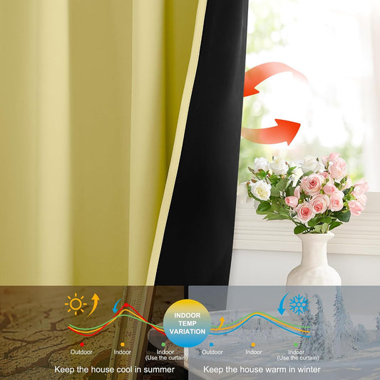 NICETOWN 100% Blackout Curtains for Patio Sliding Glass Door, Paler Yellow W52 x L84 Set of 2 Light Blocking & Soundproof Drapes,Rod Pocket Black Lined Window Treatment Panels
