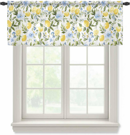 Farmhouse Floral Sheer Curtain 18 Inch Long Lemon Eucalyptus Leaf Watercolor Plant Light Filtering Rod Pocket Voile Curtain Valance for Bedroom Kitchen Cafe Window 54" W x 18" L