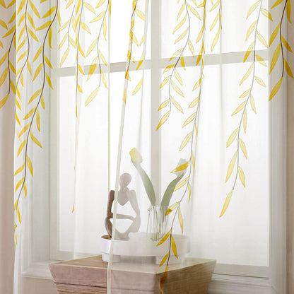 BROSHAN Yellow Sheer Window Curtains 2 Panels, Light Yellow Curtain Sheers Vine Leaves Pattern Voile Bedroom Curtains Rod Pocket Transparent Drapes for Living Room